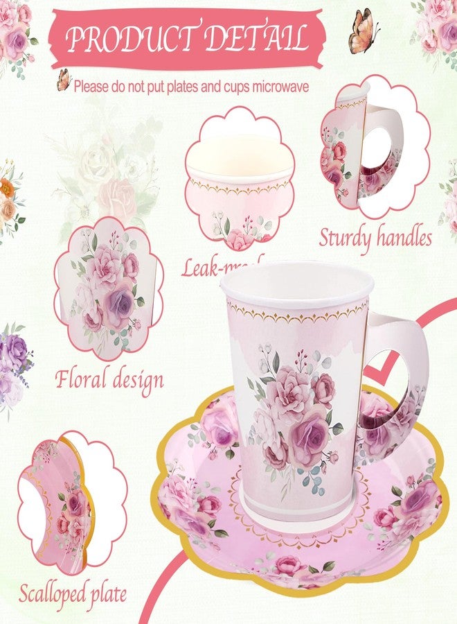 NatNarr 24 Sets Disposable Paper Tea Cups 7 OZ Floral Tea Party Cups with Handle and Plates Teacups and Saucer Sets for Baby Bridal Shower Wedding Birthday(Watercolor Style) - Image 3