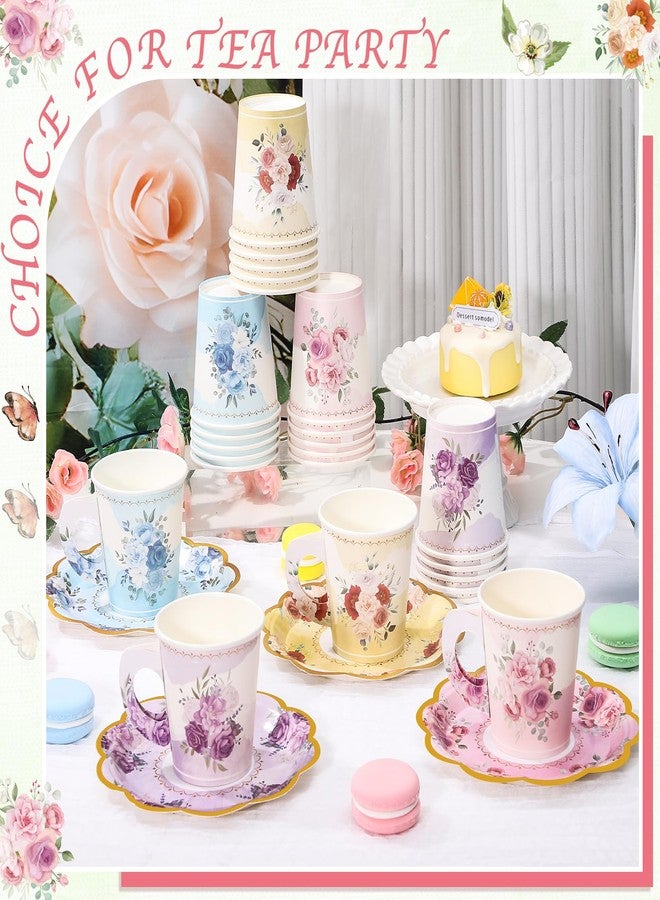 NatNarr 24 Sets Disposable Paper Tea Cups 7 OZ Floral Tea Party Cups with Handle and Plates Teacups and Saucer Sets for Baby Bridal Shower Wedding Birthday(Watercolor Style) - Image 4
