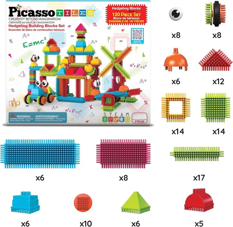 PicassoTiles 120pcs Hedgehog Interlocking Building Blocks Tiles Construction Toy Set Learning Playset STEAM Development Preschool Kindergarten Toy for Kids Age3+ PTB120 - Image 2