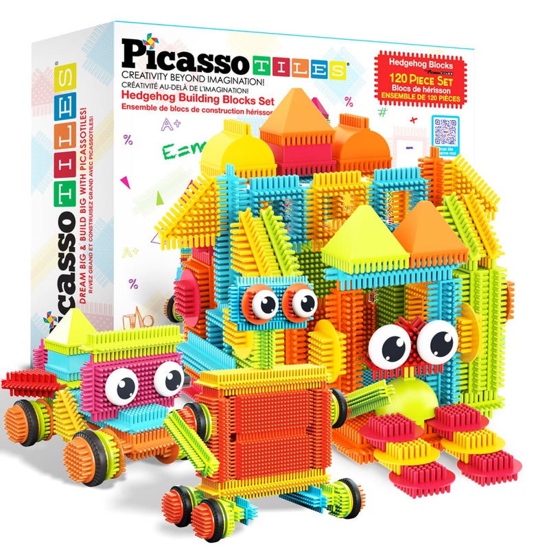 PicassoTiles 120pcs Hedgehog Interlocking Building Blocks Tiles Construction Toy Set Learning Playset STEAM Development Preschool Kindergarten Toy for Kids Age3+ PTB120 - Image 1