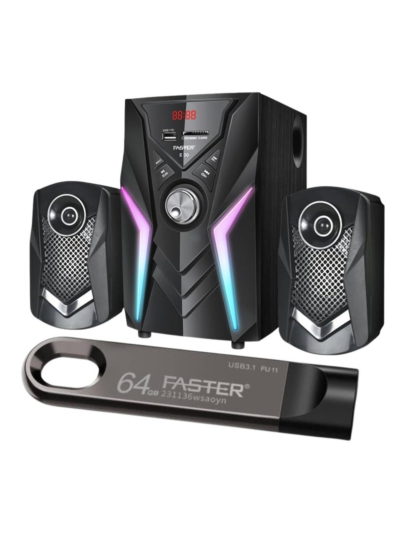 Faster E30 2.1 Wired Channel Speaker System 45W Subwoofer + 64GB USB 3.1 Flash Drive Bundle – RGB Lights, Bluetooth 5.4, Remote Control, USB/SD/AUX/FM – Deep Bass Home Theater & Super-Fast Pendrive for PC, TV, and Laptop - Image 1