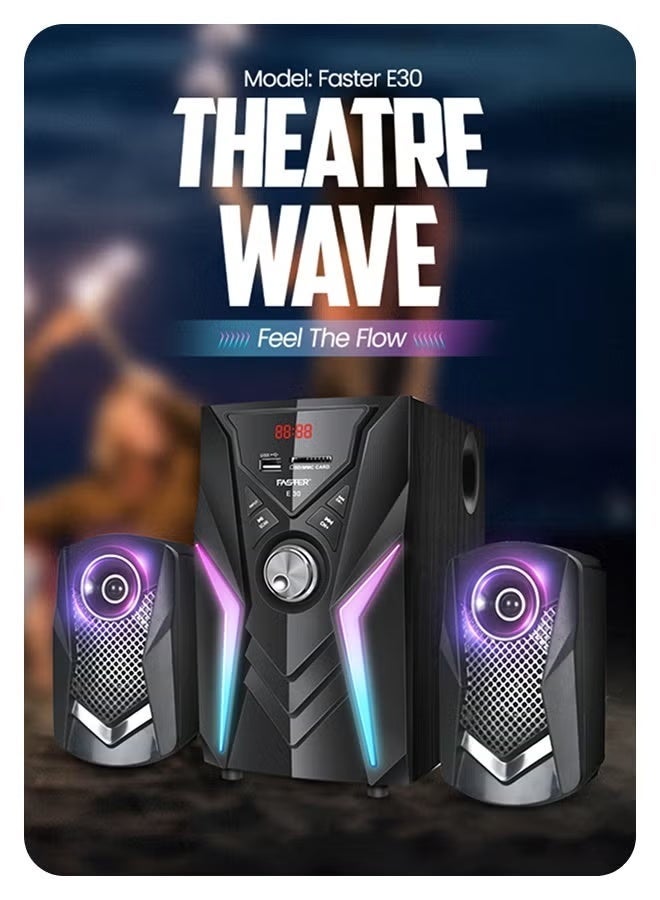 Faster E30 2.1 Wired Channel Speaker System 45W Subwoofer + 64GB USB 3.1 Flash Drive Bundle – RGB Lights, Bluetooth 5.4, Remote Control, USB/SD/AUX/FM – Deep Bass Home Theater & Super-Fast Pendrive for PC, TV, and Laptop - Image 4