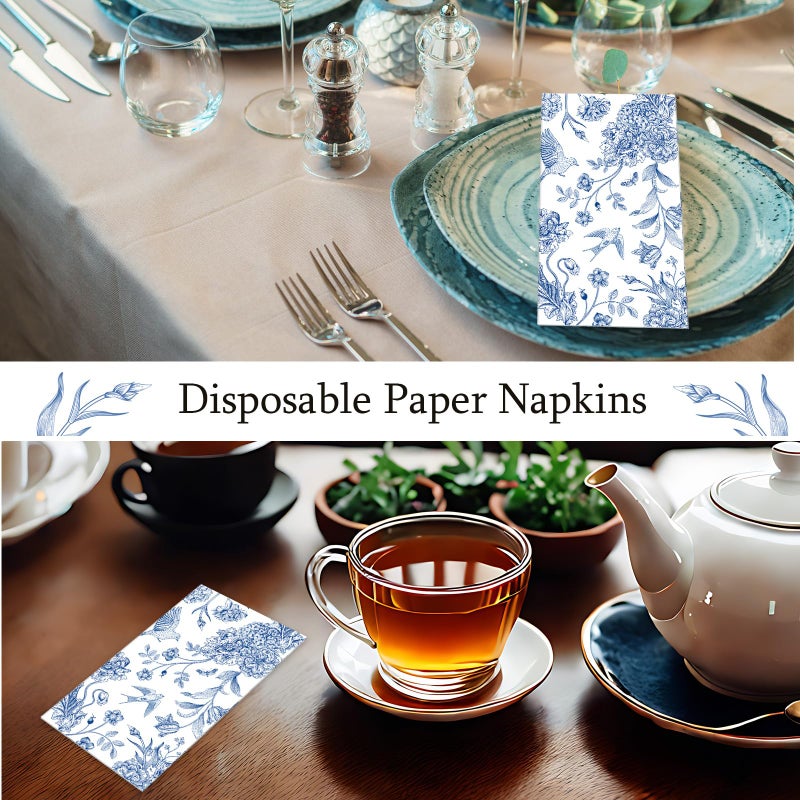 Tatuo 200 Pcs Blue Floral Paper Napkins Disposable Hand Towels for Bathroom Guest Decorative Napkins Paper for Bathroom Shower Toilet Powder Room Holiday Wedding Bridal Tea Party - Image 5