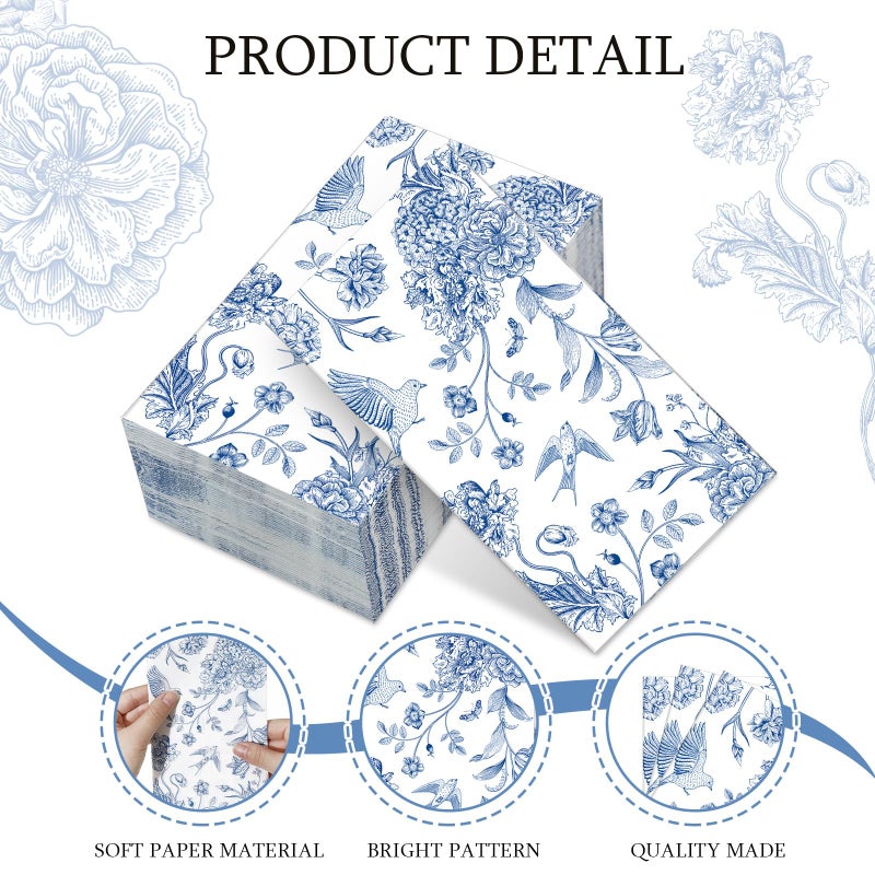 Tatuo 200 Pcs Blue Floral Paper Napkins Disposable Hand Towels for Bathroom Guest Decorative Napkins Paper for Bathroom Shower Toilet Powder Room Holiday Wedding Bridal Tea Party - Image 3