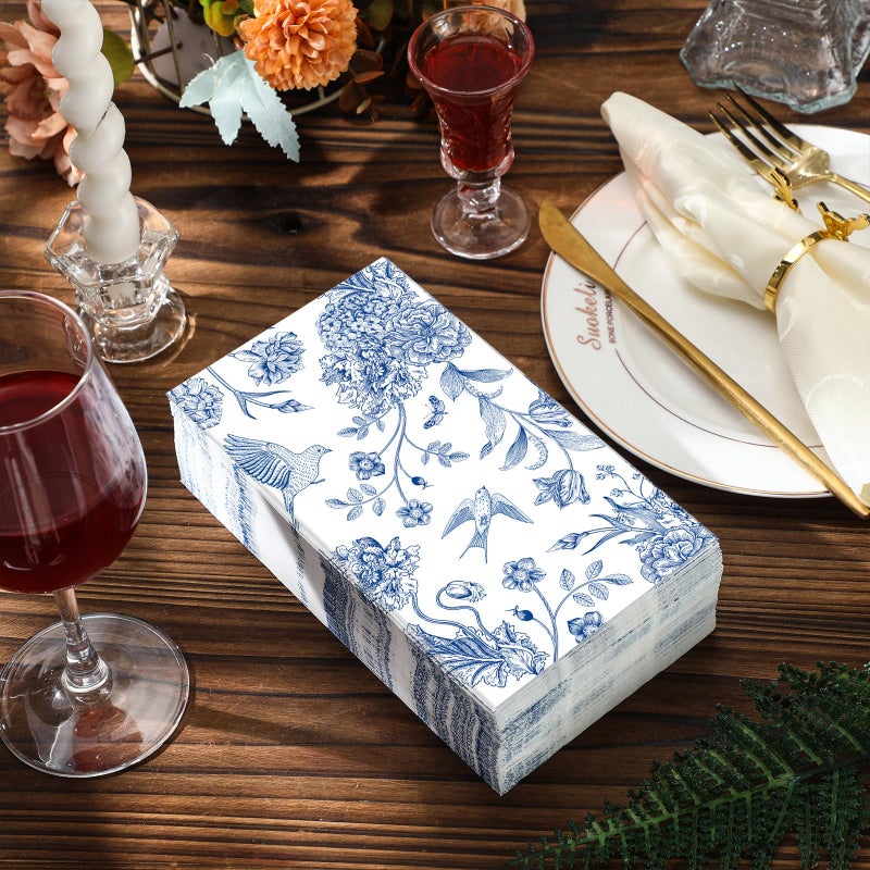 Tatuo 200 Pcs Blue Floral Paper Napkins Disposable Hand Towels for Bathroom Guest Decorative Napkins Paper for Bathroom Shower Toilet Powder Room Holiday Wedding Bridal Tea Party - Image 4