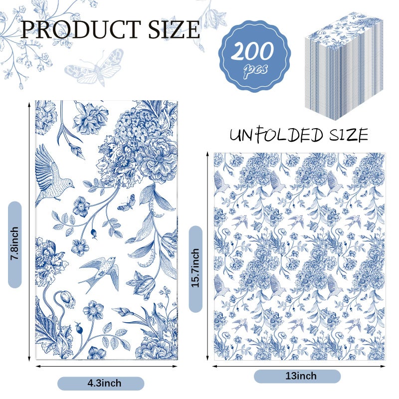 Tatuo 200 Pcs Blue Floral Paper Napkins Disposable Hand Towels for Bathroom Guest Decorative Napkins Paper for Bathroom Shower Toilet Powder Room Holiday Wedding Bridal Tea Party - Image 2