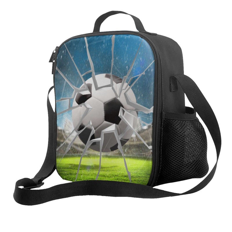 PAUSEBOLL Football Lunch Bag Insulated Soccer Lunch Box for Boys Girls Reusable Portable Waterproof Lunch Bags with Adjustable Shoulder Strap and Side Pocket