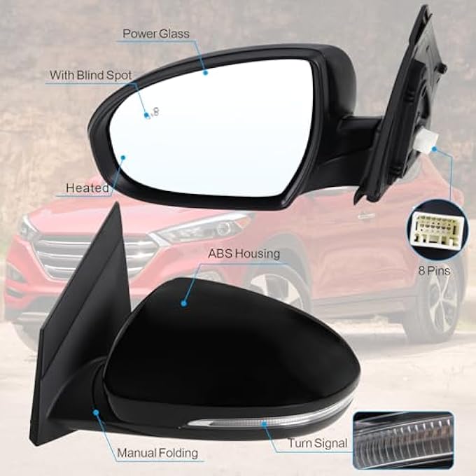 ريحني مرآة الجانب الأيسر للسائق متوافقة مع هيونداي توكسون موديلات 2016 2017 2018 2019 2020 2021 مع زجاج كهربائي قابل للطي إشارة انعطاف كهربائية مدفأة نقطة عمياء أسود استبدال دبابيس Hy13202318 - Image 2