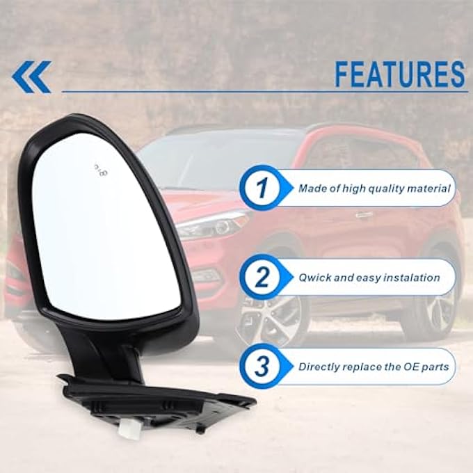 ريحني مرآة الجانب الأيسر للسائق متوافقة مع هيونداي توكسون موديلات 2016 2017 2018 2019 2020 2021 مع زجاج كهربائي قابل للطي إشارة انعطاف كهربائية مدفأة نقطة عمياء أسود استبدال دبابيس Hy13202318 - Image 3