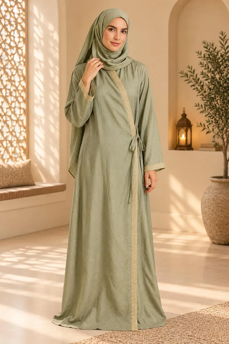أرتيميا Golden Premium Lace embellished Tie up wrap style Women's Prayer dress with Hijab