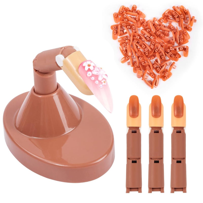 Deciniee Adjustable Fake Mannequin Fingers - 3PCS Training Set With Acrylic Base and 100PCS Brown Nail Tips - Movable & Flexible For Nail Art Practice - Image 1