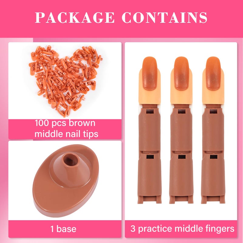 Deciniee Adjustable Fake Mannequin Fingers - 3PCS Training Set With Acrylic Base and 100PCS Brown Nail Tips - Movable & Flexible For Nail Art Practice - Image 2