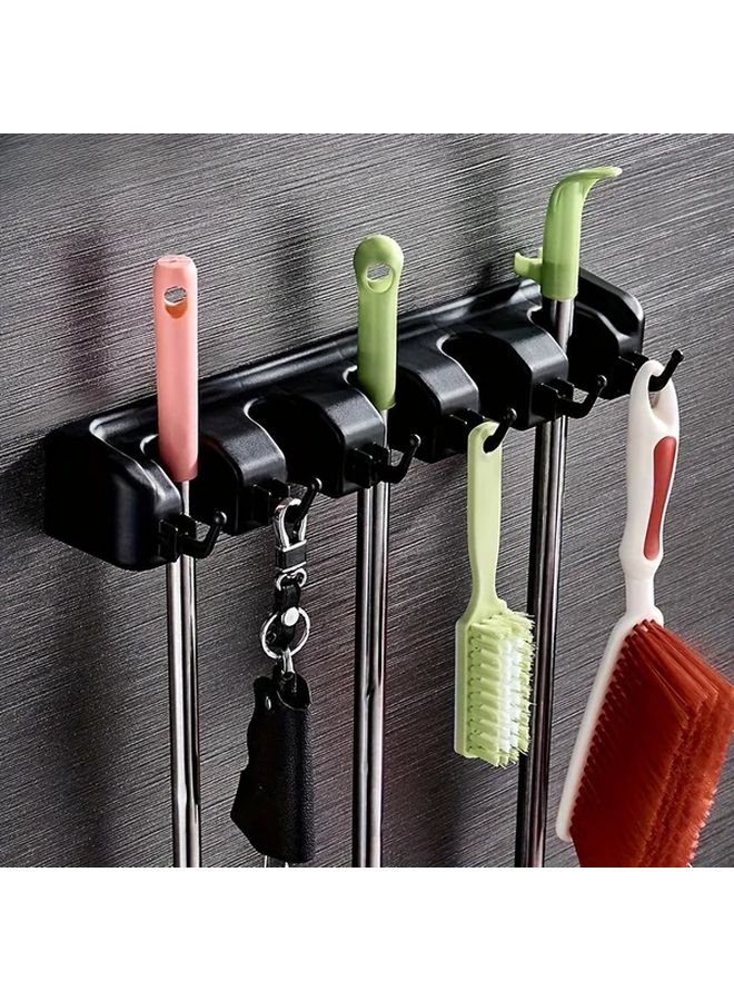 Wall Mounted Broom And Mop Holder With 5 Slots 6 Hooks Easy Install No Slide Design Black - Image 1