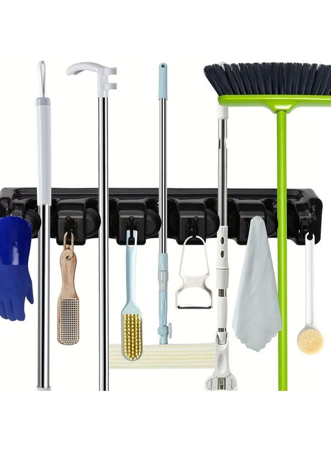 Wall Mounted Broom And Mop Holder With 5 Slots 6 Hooks Easy Install No Slide Design Black - Image 3