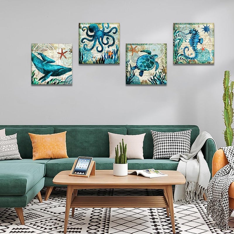 Artscope 4 Parts Blue Marine Life Canvas Print Wall Decoration for Bedroom Oil Paintings for Home, Bathroom, Living Room, Bedroom, 30 x 30 cm - Image 2