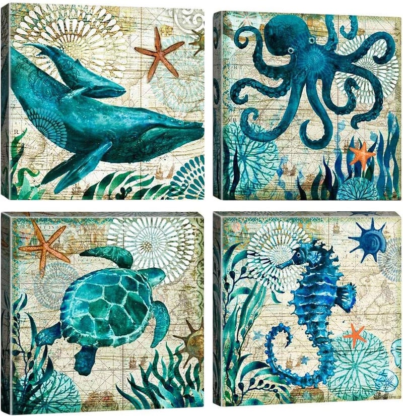 Artscope 4 Parts Blue Marine Life Canvas Print Wall Decoration for Bedroom Oil Paintings for Home, Bathroom, Living Room, Bedroom, 30 x 30 cm - Image 1