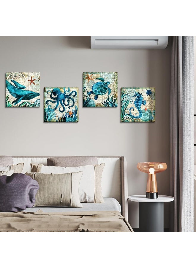 Artscope 4 Parts Blue Marine Life Canvas Print Wall Decoration for Bedroom Oil Paintings for Home, Bathroom, Living Room, Bedroom, 30 x 30 cm - Image 4