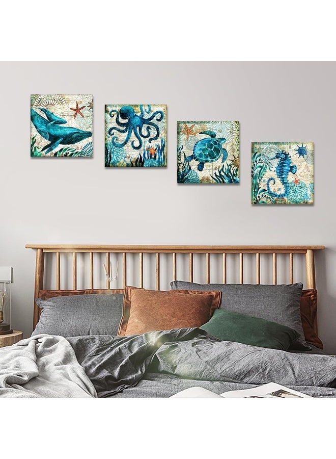 Artscope 4 Parts Blue Marine Life Canvas Print Wall Decoration for Bedroom Oil Paintings for Home, Bathroom, Living Room, Bedroom, 30 x 30 cm - Image 5
