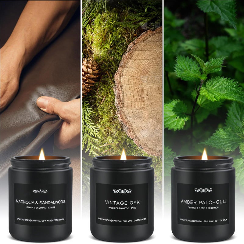JXDLSQ Scented Candle Set, Men Candle Set, Scented Candles for Home, Gifts for Men, 4 Pack Manly Candles Gifts for Mens Scents of Smoke Vanilla/Leather/Oak/Lavender Wood - Image 3