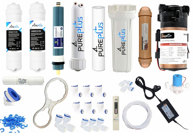 Pure Plus Pureplus Complete Ro Purifier Filter Service kit Of 80 GPD Membrane Water With All Accessories Service kit with Booster Pump and SMPS Solid Filter Cartridge (0.6, Pack of 25) - Image 1