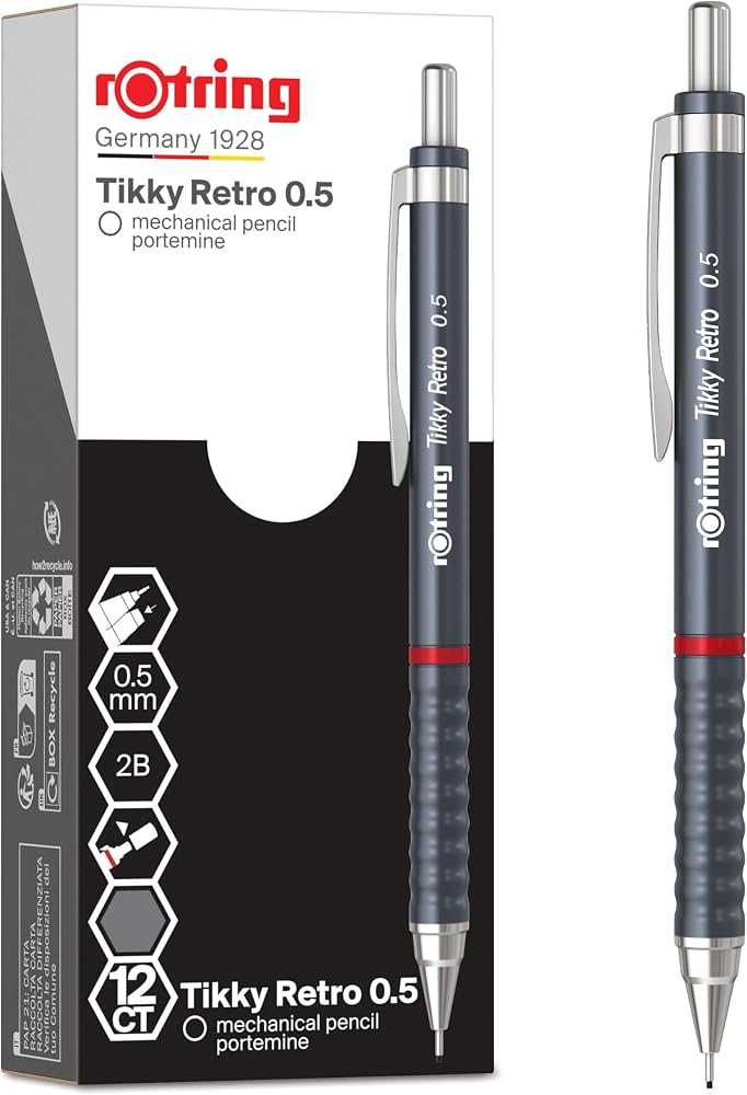 rOtring Tikky Retro Mechanical Pencils, 2B 0.5 mm, Grey Barrels, with Comfort Rippled Grip, 12 Count - Image 1