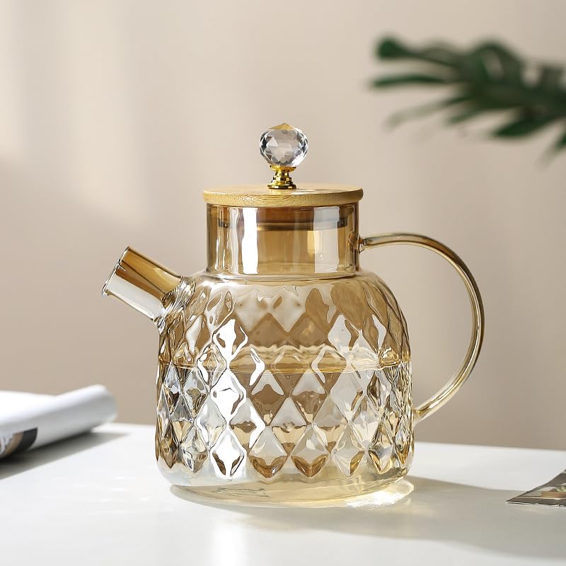 MINTOX Golden Wooden Crystal LID Glass Tea Pot Kettle with No Heat Resistant Perfect for Tea and Coffee Maker Wooden Lid Loose Leaf Teapot with Strainer Gold Pack of 1 - Image 2