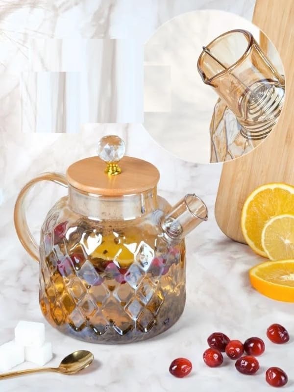 MINTOX Golden Wooden Crystal LID Glass Tea Pot Kettle with No Heat Resistant Perfect for Tea and Coffee Maker Wooden Lid Loose Leaf Teapot with Strainer Gold Pack of 1 - Image 3