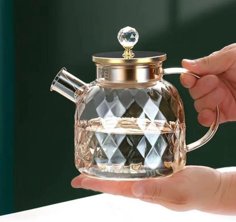 MINTOX Golden Wooden Crystal LID Glass Tea Pot Kettle with No Heat Resistant Perfect for Tea and Coffee Maker Wooden Lid Loose Leaf Teapot with Strainer Gold Pack of 1 - Image 5