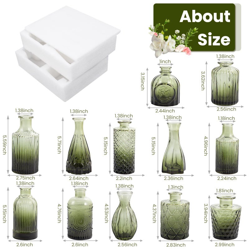 TBWIND 12pcs Green Glass Bud Vases Set, Small Vases for Flowers, Bud Vase for Centerpieces in Bulk, Mini Vintage Vase for Wedding Decorations, Office and Home Table Flower DÃ©cor - Image 2