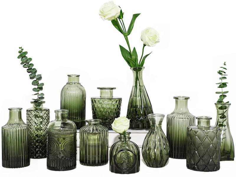 TBWIND 12pcs Green Glass Bud Vases Set, Small Vases for Flowers, Bud Vase for Centerpieces in Bulk, Mini Vintage Vase for Wedding Decorations, Office and Home Table Flower DÃ©cor - Image 1