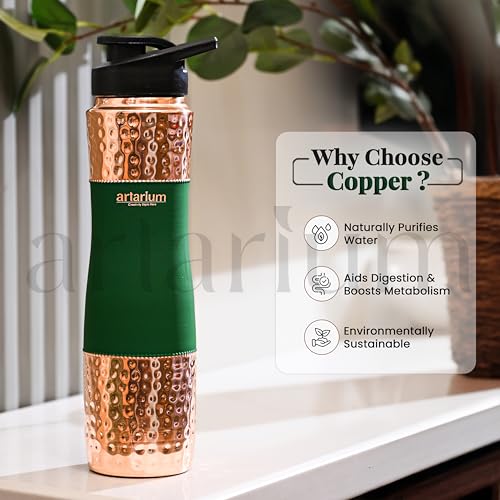 Artarium Pure Copper Sipper Water Bottle 1 Litre Durable Bottle Leak Proof Rust Free Copper Bottle With Added Ayurveda Yoga Health Benefits (Sipper Water Bottle Green 29Cm) - Image 5