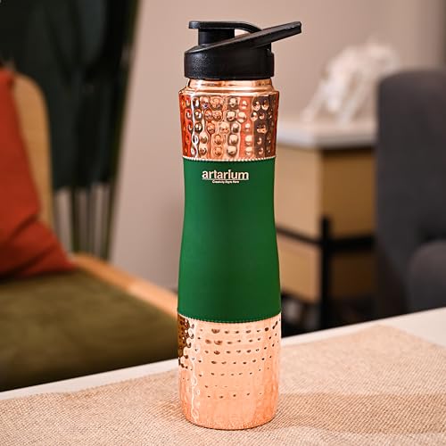 Artarium Pure Copper Sipper Water Bottle 1 Litre Durable Bottle Leak Proof Rust Free Copper Bottle With Added Ayurveda Yoga Health Benefits (Sipper Water Bottle Green 29Cm) - Image 2