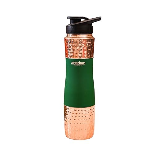 Artarium Pure Copper Sipper Water Bottle 1 Litre Durable Bottle Leak Proof Rust Free Copper Bottle With Added Ayurveda Yoga Health Benefits (Sipper Water Bottle Green 29Cm) - Image 1