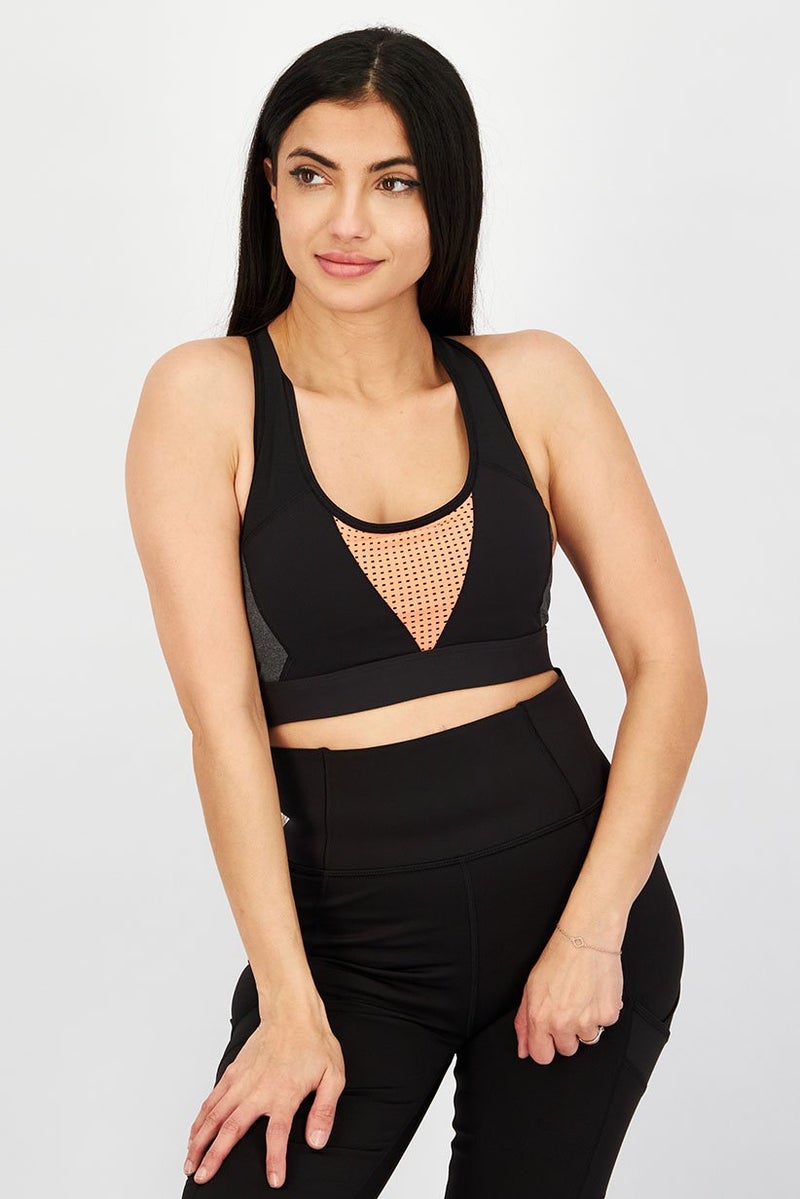 Reebok Women Sportswear Fit Padded Training Bra, Clack and Coral and Grey - Image 1