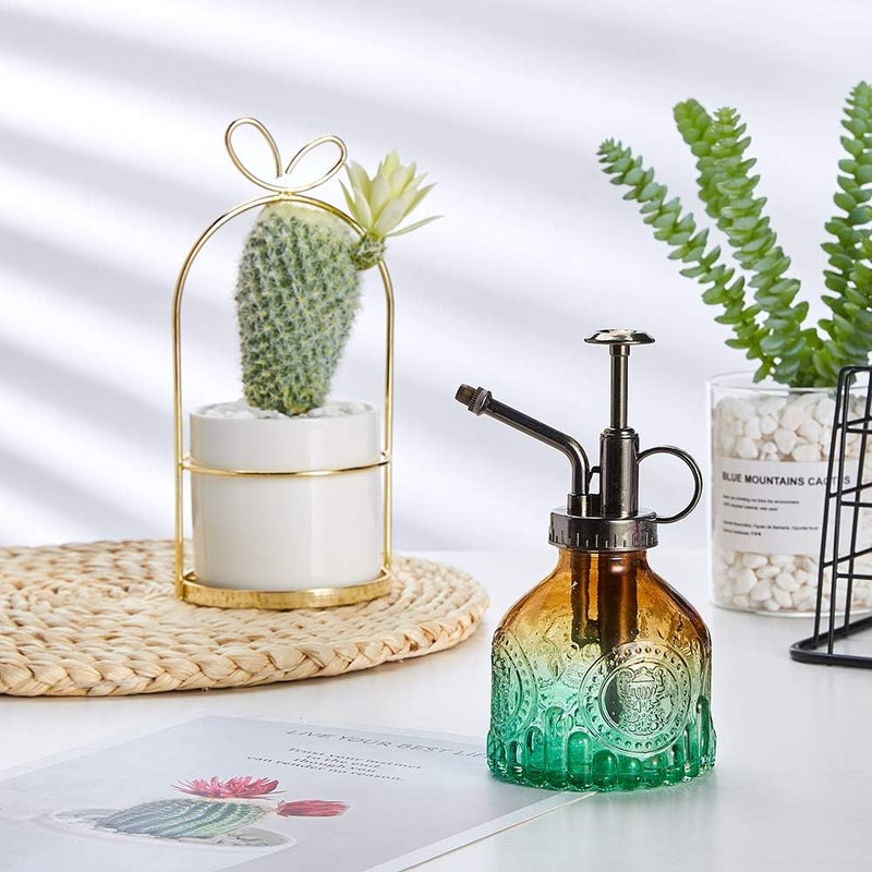 Ebristar Glass Plant Mister Spray Bottle, Vintage Plant Spritzer, Succulent Watering Bottle with Top Pump, Small Plant Sprayer Mister Watering Can for Indoor Outdoor Houseplant - Green Brown Gradient - Image 4