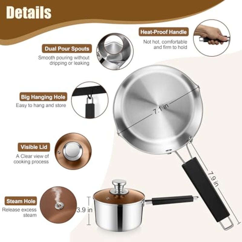 2.8 litre 3 quart saucepan with lid, three-layer with pour spout, multi-purpose induction saucepan and stay-cool handle, compatible with all stovetops, suitable - Image 2