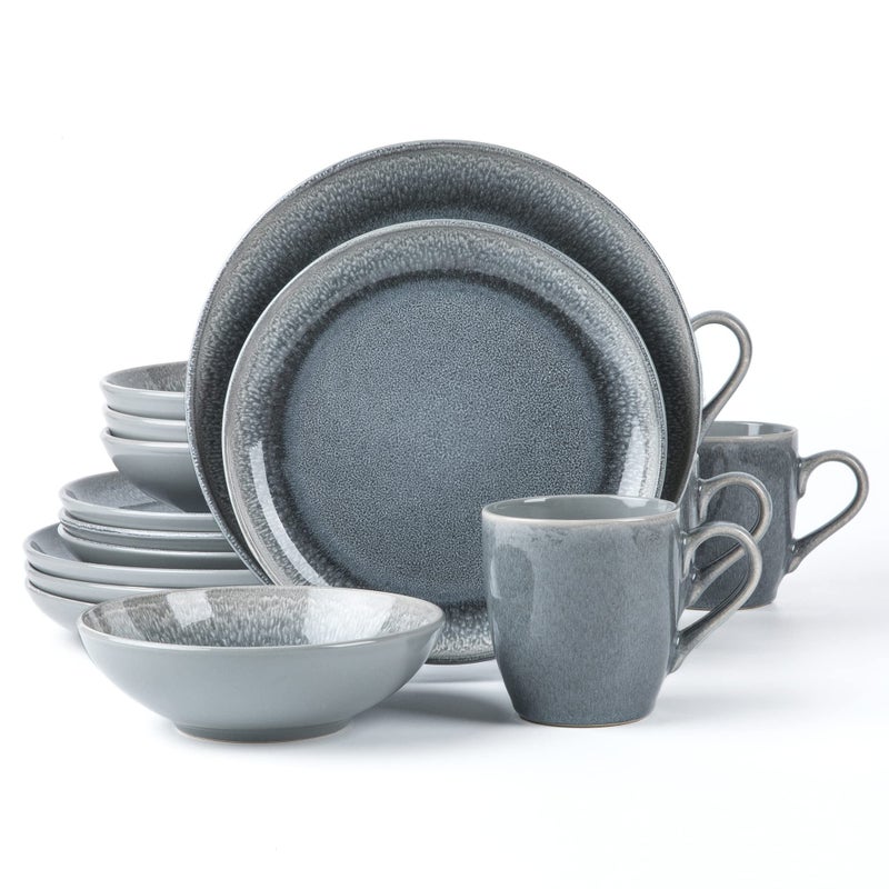 Arora FAIT Round Stoneware 16pc Dinnerware Set for 4 Dinner Plates Side Plates Cereal Bowls Mugs  Reactive Glaze Grey 448158