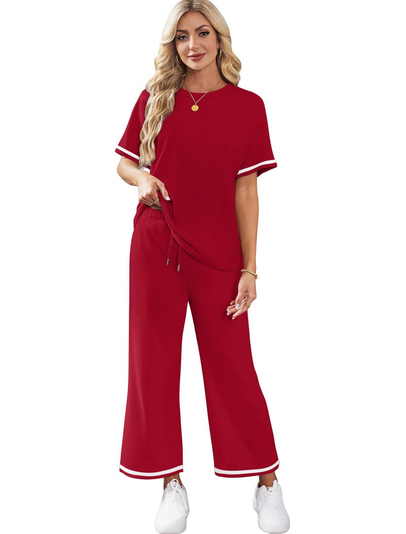 Sampeel 2 Piece Sets for Women Summer Casual Wide Leg Crop Pants Sets Vacation Travel Outfits Matching Set Women's Clothing Airport Lounge Sets Trendy Short Sleeve Tops - Image 4