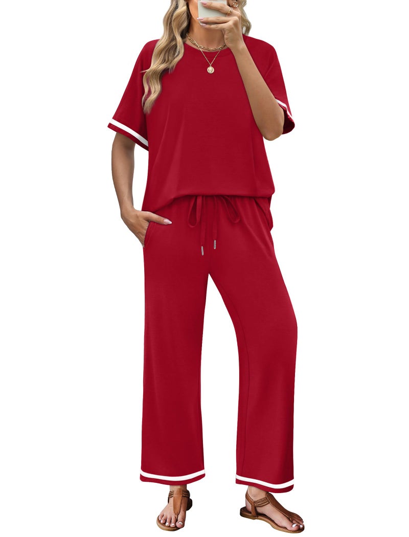 Sampeel 2 Piece Sets for Women Summer Casual Wide Leg Crop Pants Sets Vacation Travel Outfits Matching Set Women's Clothing Airport Lounge Sets Trendy Short Sleeve Tops - Image 1