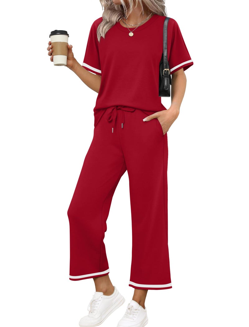Sampeel 2 Piece Sets for Women Summer Casual Wide Leg Crop Pants Sets Vacation Travel Outfits Matching Set Women's Clothing Airport Lounge Sets Trendy Short Sleeve Tops - Image 2