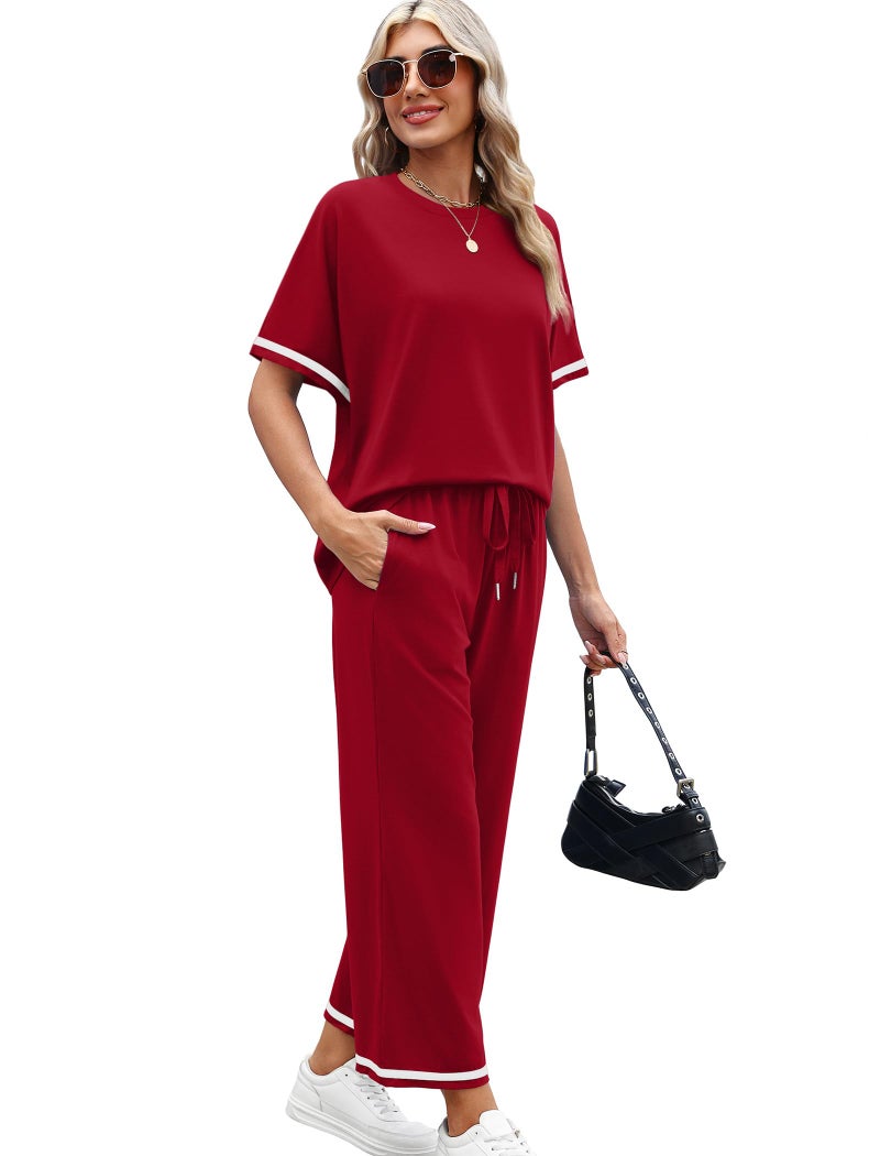 Sampeel 2 Piece Sets for Women Summer Casual Wide Leg Crop Pants Sets Vacation Travel Outfits Matching Set Women's Clothing Airport Lounge Sets Trendy Short Sleeve Tops - Image 3