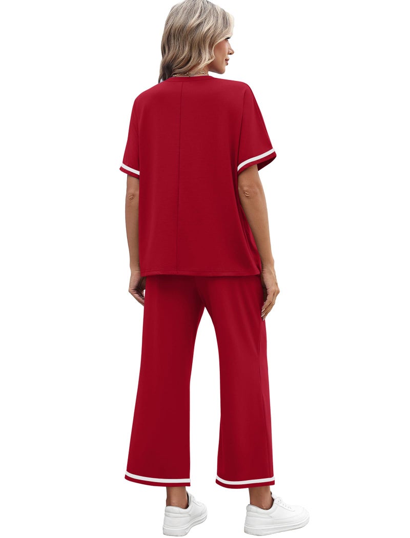 Sampeel 2 Piece Sets for Women Summer Casual Wide Leg Crop Pants Sets Vacation Travel Outfits Matching Set Women's Clothing Airport Lounge Sets Trendy Short Sleeve Tops - Image 5
