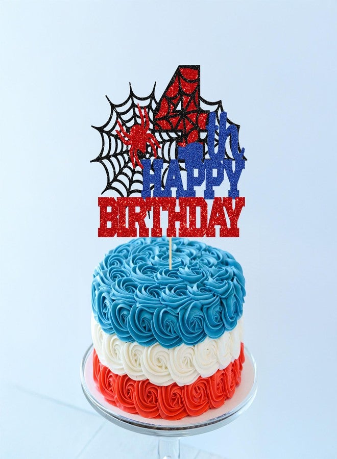 Ephlyn 1Pcs Happy 4th Birthday Cake Topper Glitter Spider Themed Happy Fourth Birthday Cake Decor for Men Boy Children Cheers to 4 Years Birthday Party Supplies - Image 3