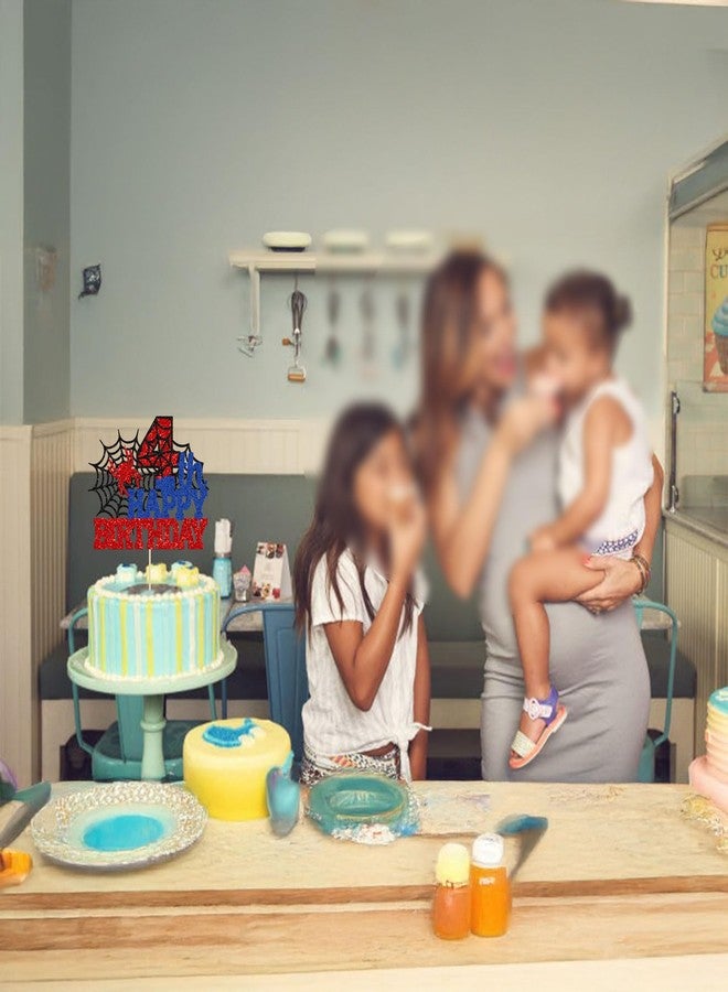 Ephlyn 1Pcs Happy 4th Birthday Cake Topper Glitter Spider Themed Happy Fourth Birthday Cake Decor for Men Boy Children Cheers to 4 Years Birthday Party Supplies - Image 2