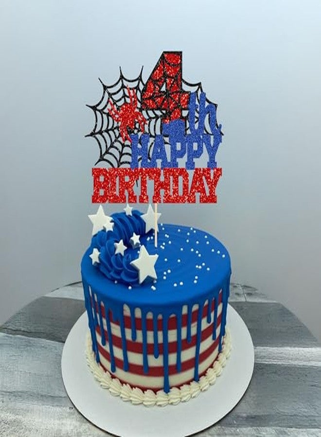 Ephlyn 1Pcs Happy 4th Birthday Cake Topper Glitter Spider Themed Happy Fourth Birthday Cake Decor for Men Boy Children Cheers to 4 Years Birthday Party Supplies - Image 5