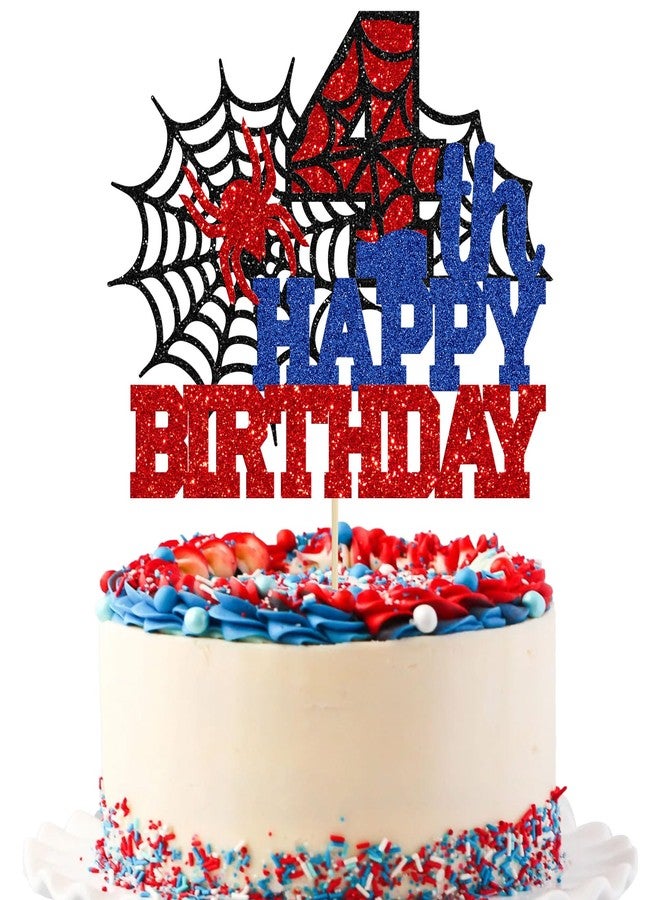 Ephlyn 1Pcs Happy 4th Birthday Cake Topper Glitter Spider Themed Happy Fourth Birthday Cake Decor for Men Boy Children Cheers to 4 Years Birthday Party Supplies - Image 1