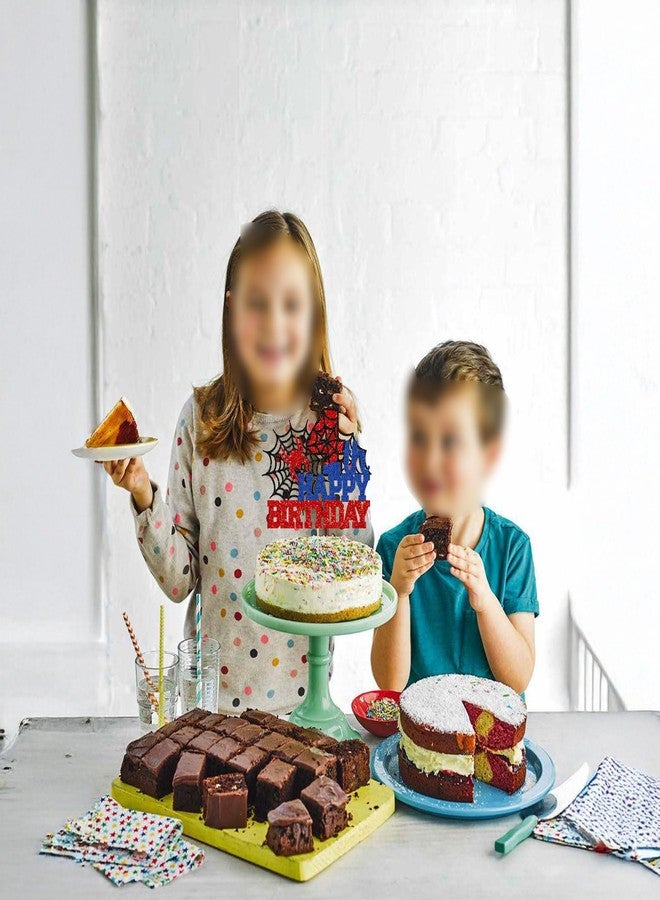 Ephlyn 1Pcs Happy 4th Birthday Cake Topper Glitter Spider Themed Happy Fourth Birthday Cake Decor for Men Boy Children Cheers to 4 Years Birthday Party Supplies - Image 4