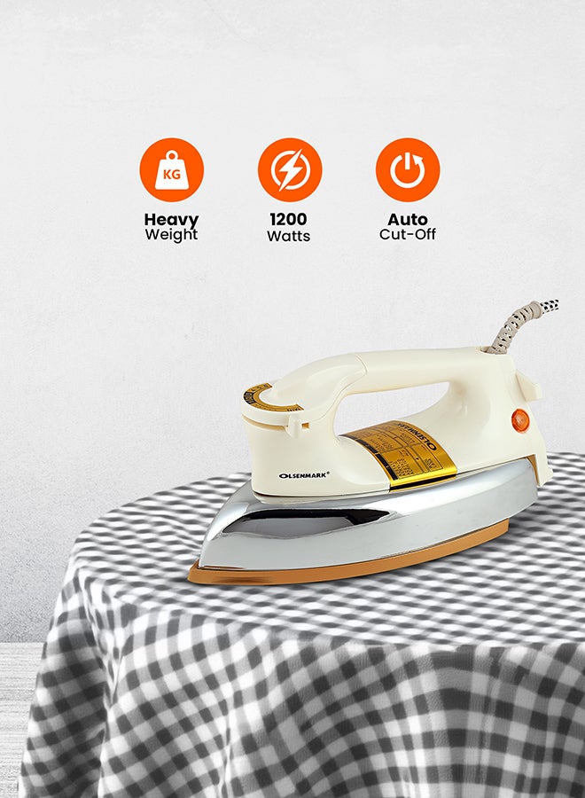 Olsenmark Automatic Dry Iron, Ironing Box with 60 Microns Nonstick Teflon Soleplate, Suitable for All Kinds of Fabrics, 1200 W OMDI1741 White/Silver/Gold - Image 1