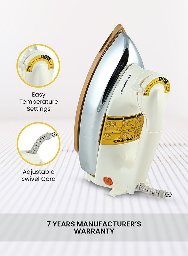 Olsenmark Automatic Dry Iron, Ironing Box with 60 Microns Nonstick Teflon Soleplate, Suitable for All Kinds of Fabrics, 1200 W OMDI1741 White/Silver/Gold - Image 5