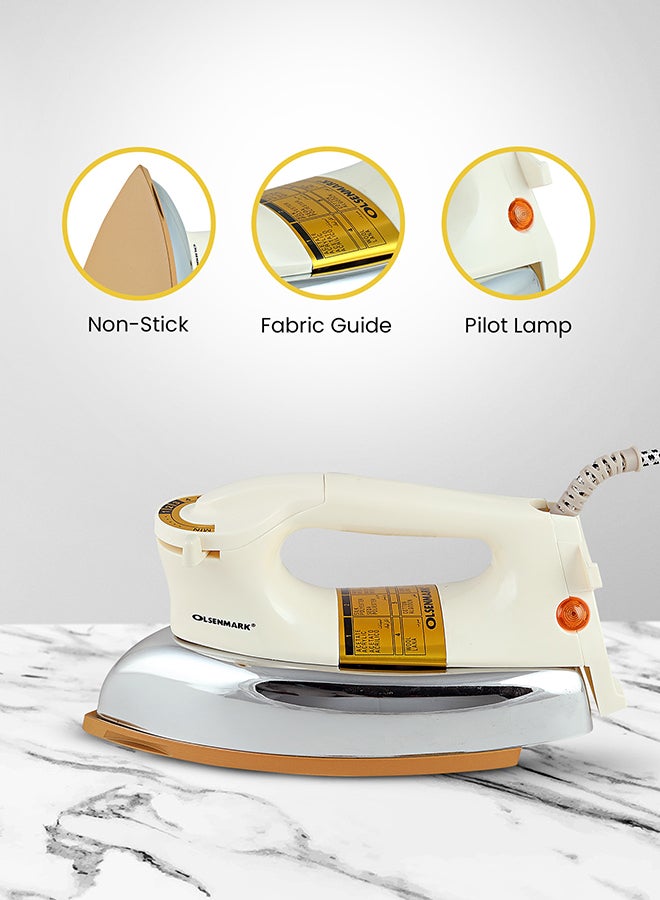 Olsenmark Automatic Dry Iron, Ironing Box with 60 Microns Nonstick Teflon Soleplate, Suitable for All Kinds of Fabrics, 1200 W OMDI1741 White/Silver/Gold - Image 3